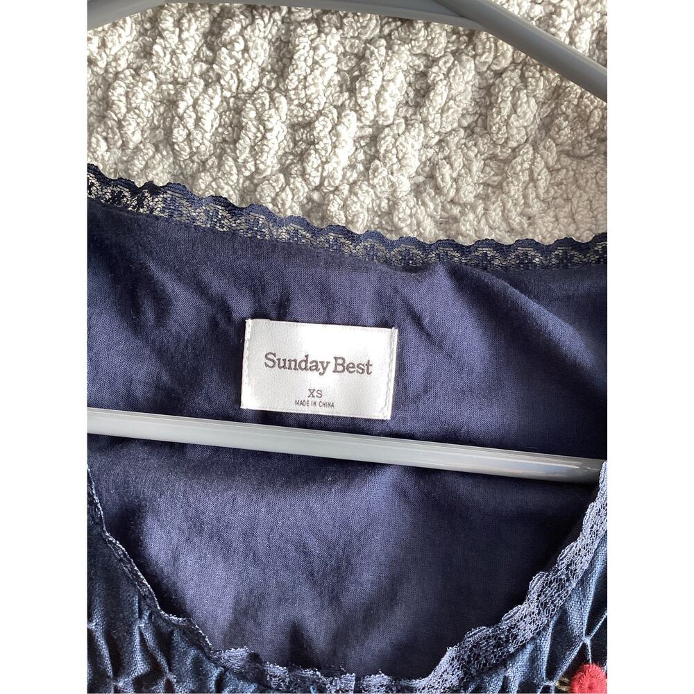 Aritzia Sunday Best Karina Linen Smocked Babydoll Dress XS navy blue lace rose - Picture 10 of 14